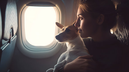 Beautiful woman with a dog in an airplane. Traveling with pet conceptの素材