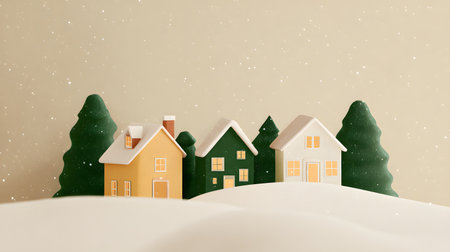 Christmas and New Year holiday background with small houses and snowflakesの素材