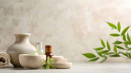 Spa background with essential oil, soap, salt, lavender flowers, and stones. Spa still life with towels, sea salt, stones, and green leaves on a light background. Spa composition with aroma oil and towels on the table, closeupの素材