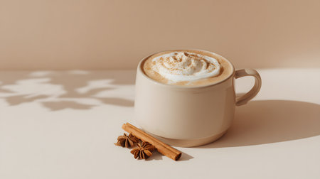 Cappuccino with pumpkin on a beige background. Copyspaceの素材