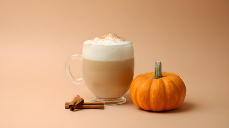 Cup of coffee with pumpkin and cinnamon sticks on beige backgroundの素材