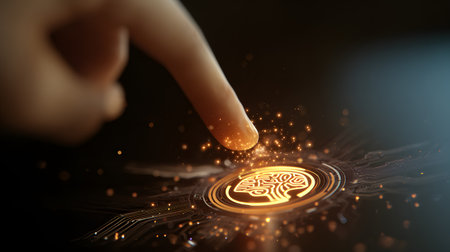Finger touching a digital button on media screen with light effects. Close-up of a human hand touching a virtual panel. Future technology conceptの素材
