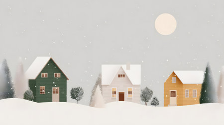 Christmas background with houses, trees, and snowflakes. Christmas miniature village with houses and trees in the snowの素材