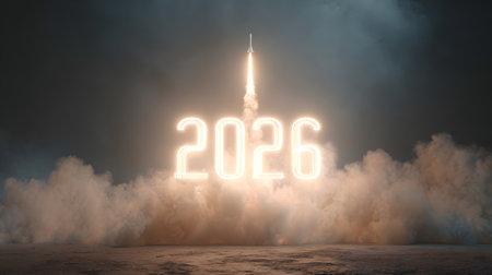 Rocket launches into the sky. New Year concept. Happy New Year 2026. Rocket launch to the new year 2026 concept with the rocket on a dark sky backgroundの素材