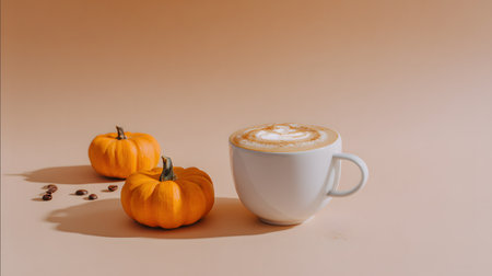 Cappuccino or latte coffee with cinnamon and pumpkins on beige background. Pumpkin latte with whipped cream and cinnamonの素材