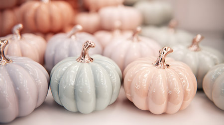 Colorful pumpkins on wooden table in room. Halloween celebration concept. Cozy autumn conceptの素材