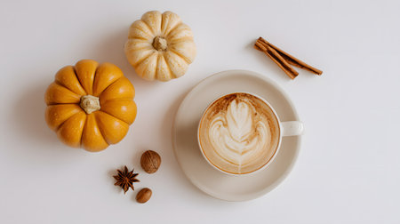 Autumn composition. Cup of coffee, pumpkins, and spices on a white background. Flat lay, top view. Pumpkin latte or cappuccino with cinnamon.の素材