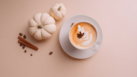 Autumn composition. Cup of coffee, pumpkins, and spices on a white background. Flat lay, top view. Pumpkin latte or cappuccino with cinnamon.の素材