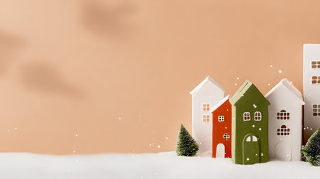 Christmas and New Year holiday background with small houses and snowflakesの素材