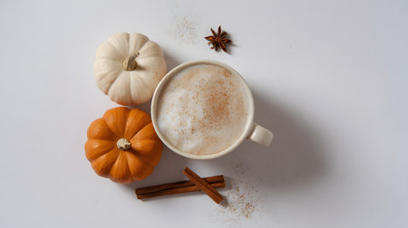Autumn composition. Cup of coffee, pumpkins, and spices on a white background. Flat lay, top view. Pumpkin latte or cappuccino with cinnamon.の素材