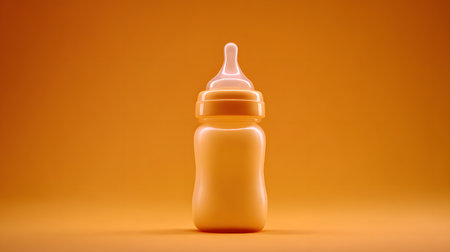 Baby food glass bottle on a clear, vivid orange background with copy space. Bottle of baby food on an orange background. Close upの素材