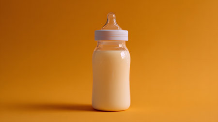 Baby food glass bottle on a clear, vivid orange background with copy space. Bottle of baby food on an orange background. Close upの素材