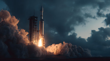 a rocket standing on the launchpad at dusk, smoke and steam rising, golden hour light reflecting on the rocketの素材