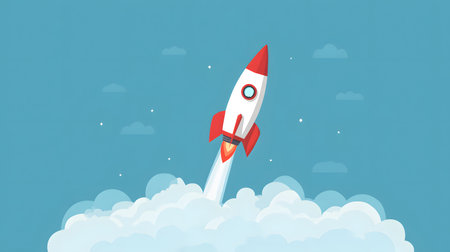 Flat illustration of a rocket with clouds and planets flying in space. rocket in space conceptの素材