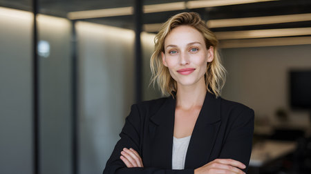 Portrait of a beautiful businesswoman standing with crossed arms in a modern office. Smiling, confident professionalの素材