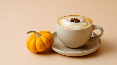 A cup of coffee with a pumpkin and anise on a beige background.Pumpkin latte with whipped cream and cinnamonの素材