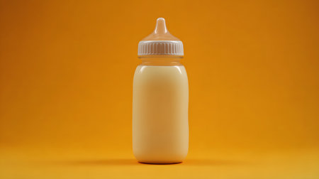 Baby food glass bottle on a clear, vivid orange background with copy space. Bottle of baby food on an orange background. Close upの素材