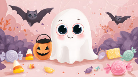 Illustration of a Halloween theme with ghosts, candies, and bats. Cute cartoon ghost and candies. Kid-friendly ghost characterの素材