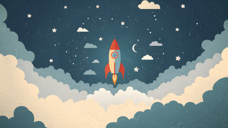 rocket in space concept. Flat illustration of a rocket with clouds and planetsの素材