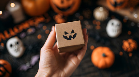 Halloween gift hands. Halloween gift box in woman hands on bokeh background. Halloween holiday concept. Close up of female hands holding craft gift box with scary carved halloween pumpkin face on dark backgroundの素材
