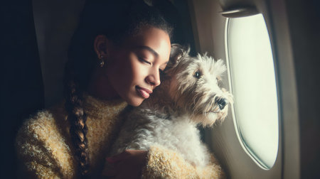 Portrait of a beautiful mixed race woman with a dog on the plane. Traveling with pet conceptの素材