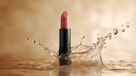 Lipstick in water with splashes on a beige backgroundの素材