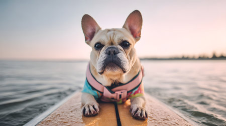 French bulldog on a stand-up paddleboard at sunset. Selective focusの素材