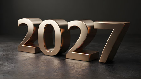 Happy New Year 2027. Metal Golden Numbers on Dark Backgroundの素材