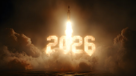 Rocket launches into the sky. New Year concept. Happy New Year 2026. Rocket launch to the new year 2026 concept with the rocket on a dark sky backgroundの素材