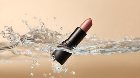 Lipstick in water splashes on beige background, closeupの素材