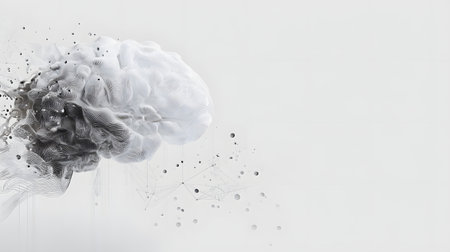 Digital composite of 3D brain against white background with dots and connectionsの素材