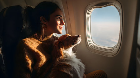 A young woman with a dog on the plane. Traveling with a pet conceptの素材