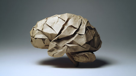 Crumpled paper origami in the form of a brain on a dark backgroundの素材