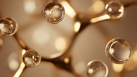 Molecular structure, golden. golden air bubbles floating in water. abstract background. Abstract background with bokeh effect.の素材