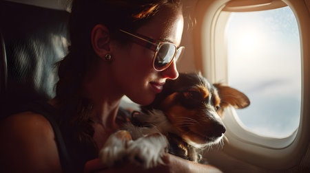 Beautiful woman with a dog in an airplane. Traveling with pet conceptの素材