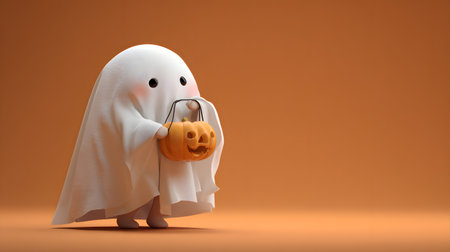 Halloween ghost with pumpkin on orange backgroundの素材