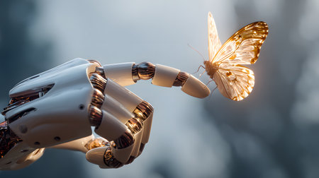 robot hand with butterfly on blue background, artificial intelligence concept. robot hand with butterfly on gray background, future technology conceptの素材
