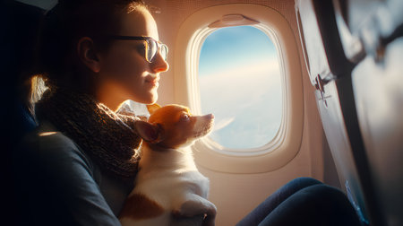 A young woman with a dog on the plane. Traveling with a pet conceptの素材