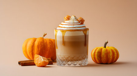 Pumpkin latte with whipped cream and caramelized pumpkin on beige background. Pumpkin latte with whipped cream and caramel on light backgroundの素材
