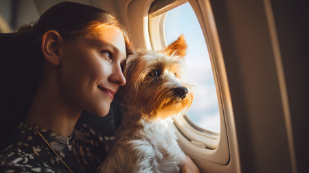 Beautiful woman with a dog in an airplane. Traveling with pet conceptの素材