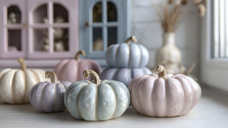 Colorful ceramic pumpkins pastel colors on a white shelf in the living room. Colorful pumpkins on a white wooden background, selective focusの素材
