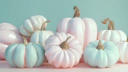 Colorful pumpkins on a pastel mint blue background, retro mint-tonedの素材