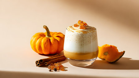 Pumpkin latte with whipped cream and caramelized pumpkin on beige background. Pumpkin latte with whipped cream and caramel on light backgroundの素材