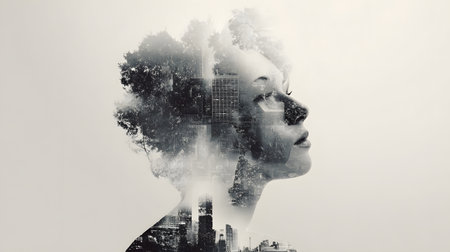 Double exposure of young woman with dreamy face and urban skyscrapersの素材