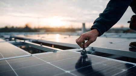Close-up of a man installing solar panels on a house roofの素材