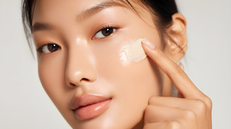 Close-up of an Asian woman applying a small drop of face cream to her cheekの素材