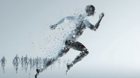 Cyborg is running fast with a glowing light on his back. Robot concept. Humanoid robot running on the road with a glowing city backgroundの素材