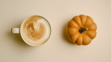 Autumn composition. Cup of coffee, pumpkins, and spices on a white background. Flat lay, top view. Pumpkin latte or cappuccino with cinnamon.の素材