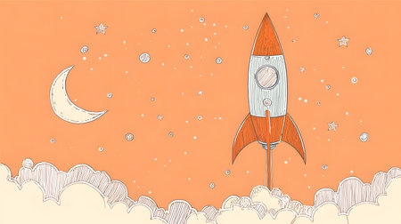 Illustration of a rocket going to the moon, warm colors, pastel touches, in the style of clip art, with simple lines and colors. Style children's book illustration, simple shapes, and flat colorsの素材