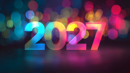 Happy New Year 2027 text on a bokeh background. Greeting cardの素材